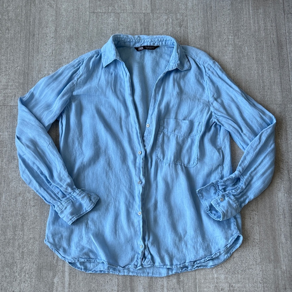 Zara blue linen blend button up size L